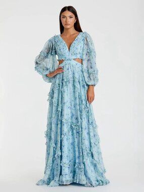 Mac Duggal Size 2 Blue 70249 Ruffle Tiered Cut Out Long Sleeve Gown Dress Prom
